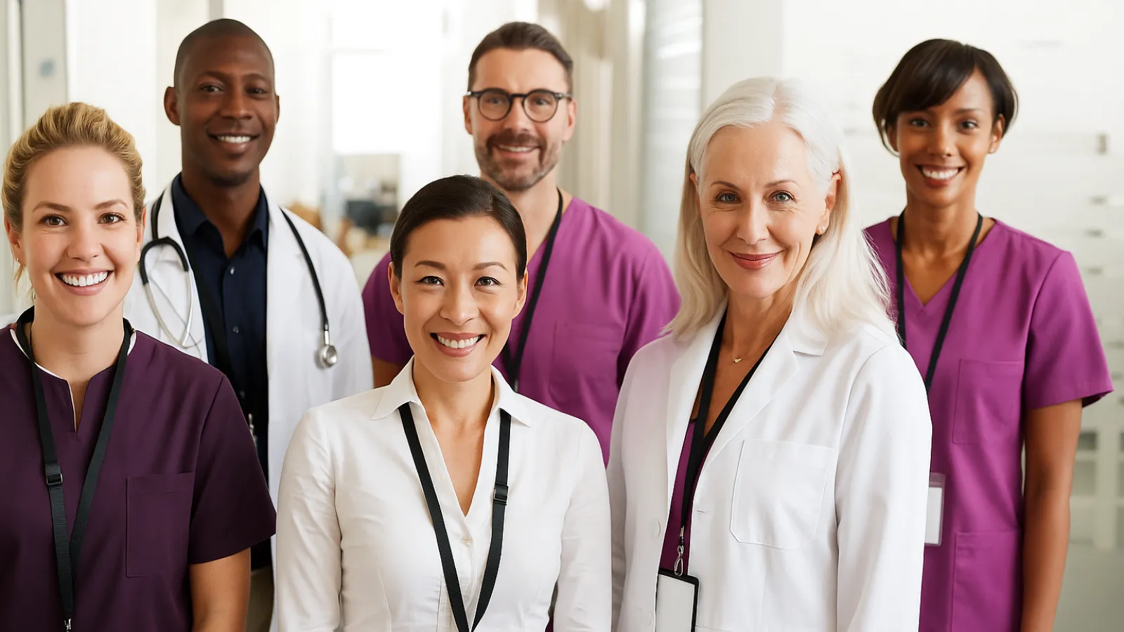 Diverse group of six smiling healthcare professionals in medical uniforms and lab coats in a hospital hallway.