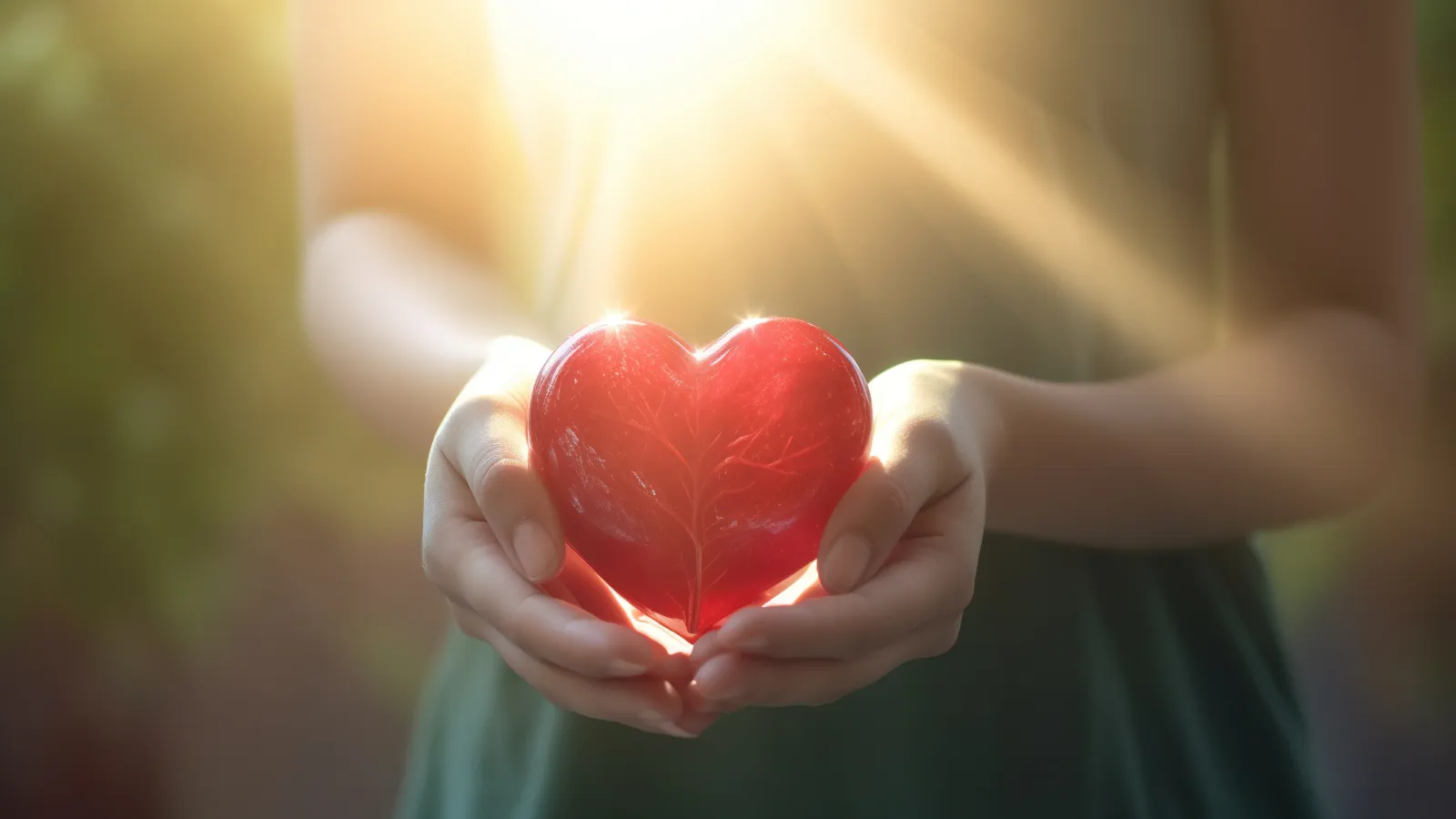Hands gently holding a glowing red heart with sunlight shining warmly in the background.