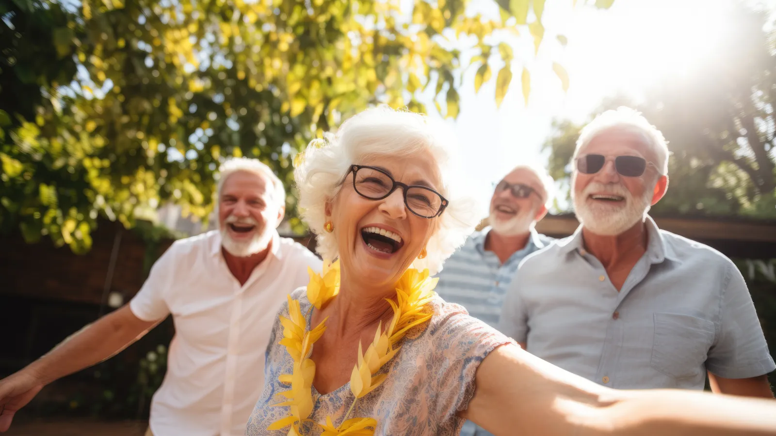 Joyful senior woman with yellow lei takes selfie with three laughing elderly men outdoors in sunlight.