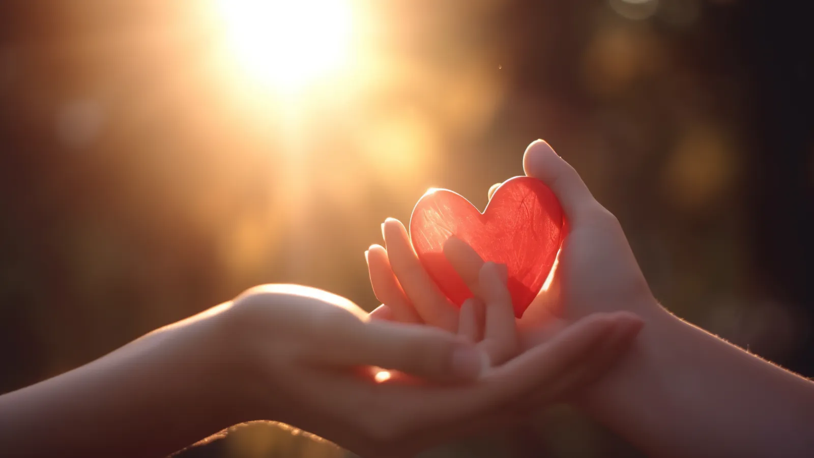 Two hands exchanging a red heart with warm sunlight in the background symbolizing love and care.