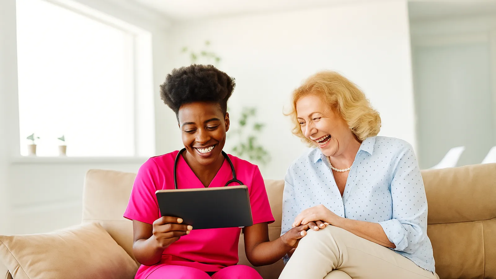 Nurse in pink scrubs showing a tablet to a smiling elderly woman on a couch in a bright living room.