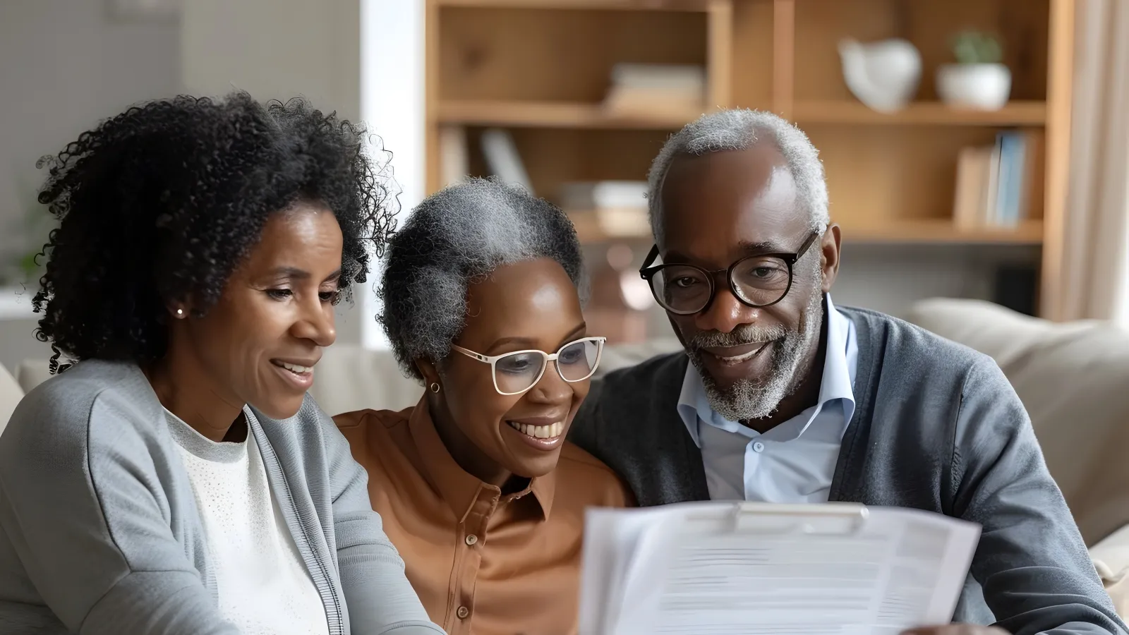 Smiling middle-aged couple reviewing documents with a younger woman in a cozy living room setting.