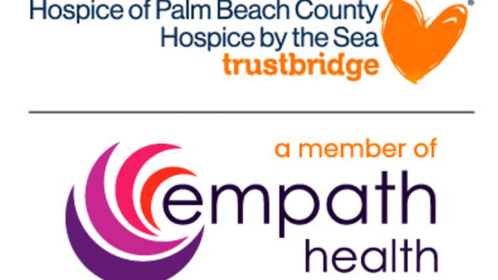 Hospice of Palm Beach County and Empath Health logos featuring a heart and abstract circular design in orange and purple.