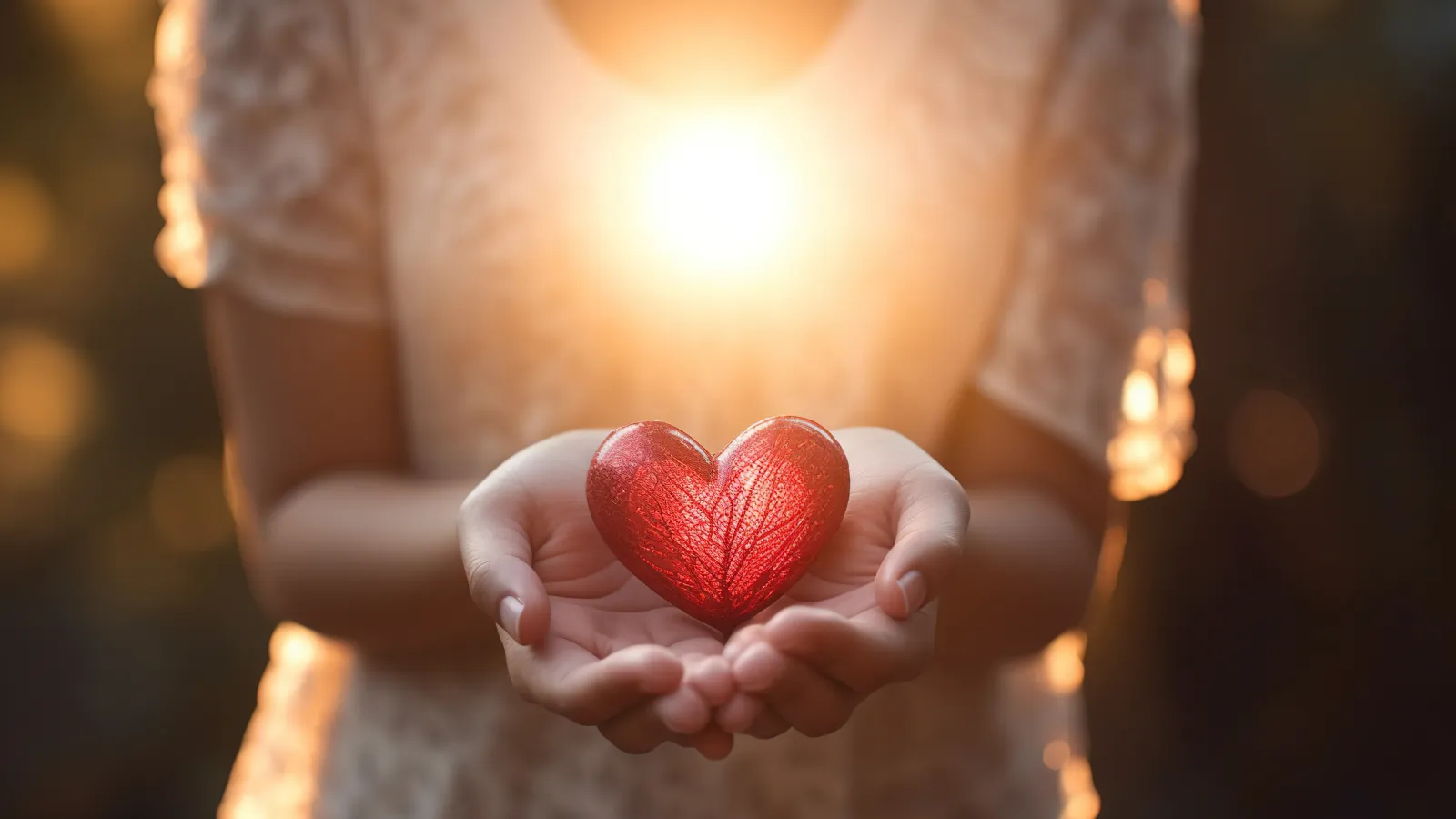 Person holding a glowing red heart in cupped hands with warm sunlight in the background