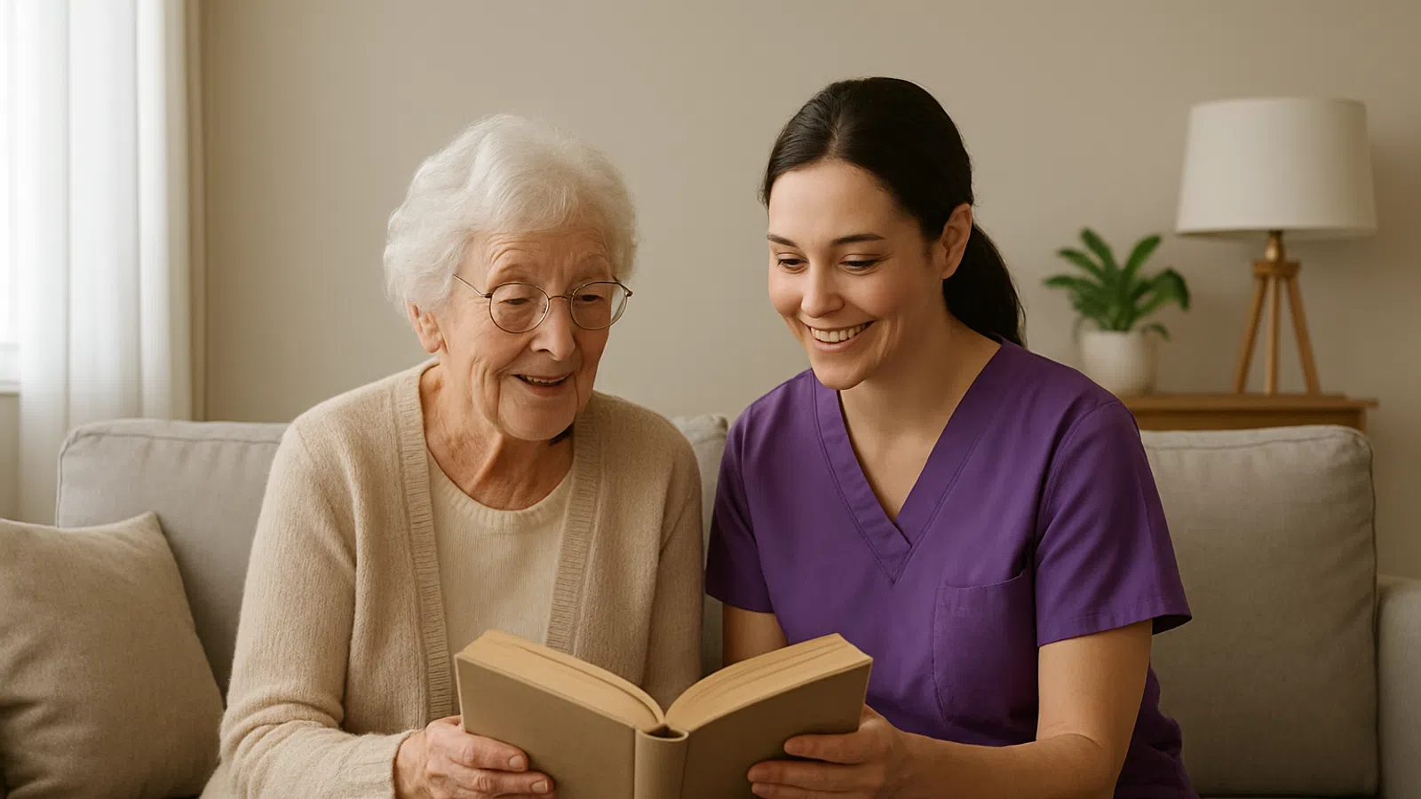 Young caregiver in purple scrubs reading a book with happy elderly woman on a sofa in cozy living room.