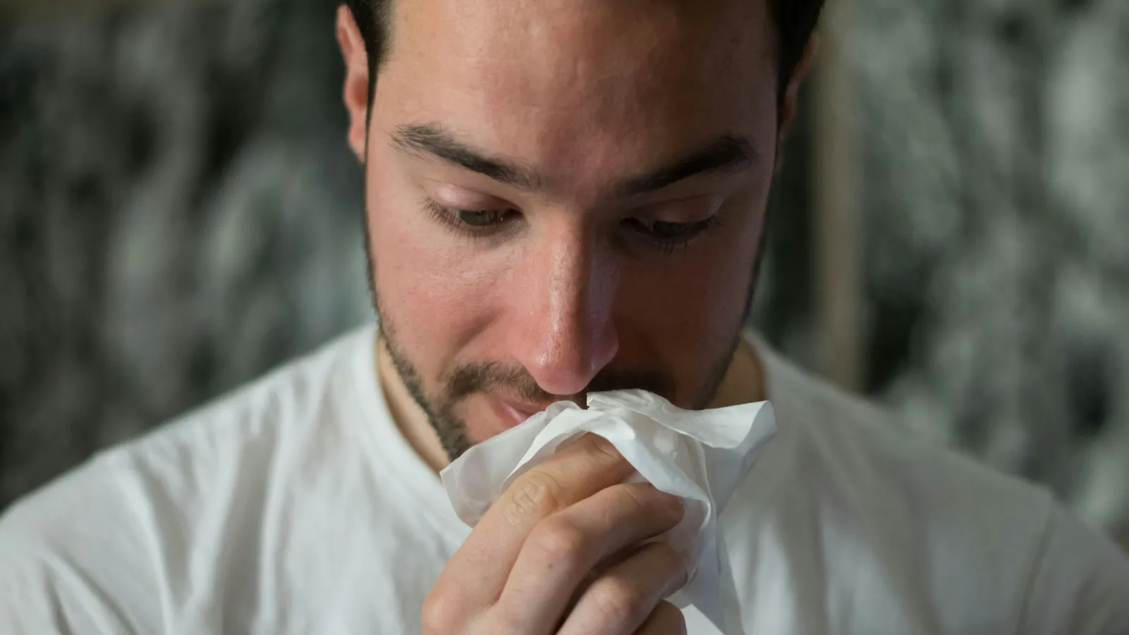 Man in white shirt holding tissue to nose, appearing to wipe or blow his nose indoors.