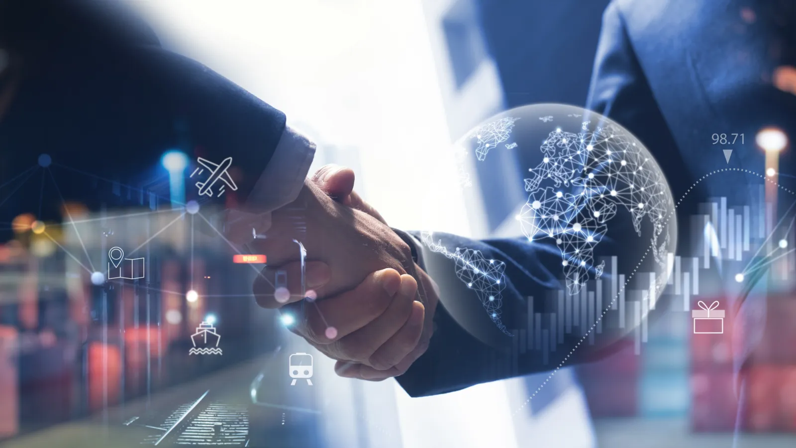 Business handshake with digital global network and logistics icons symbolizing international trade and cooperation