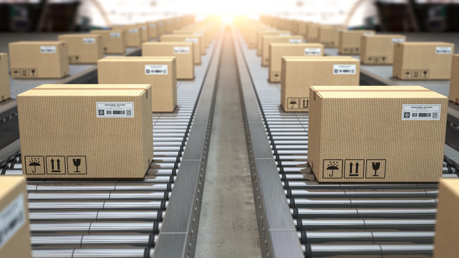 Brown cardboard boxes on roller conveyors in a warehouse with bright sunlight in background.