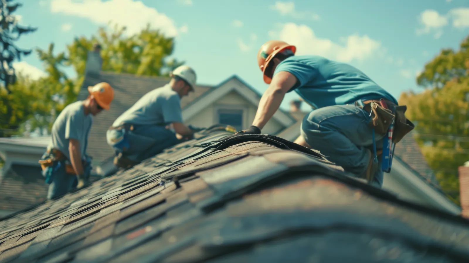 Construction workers wearing helmets repairing a residential roof under clear sunny sky.