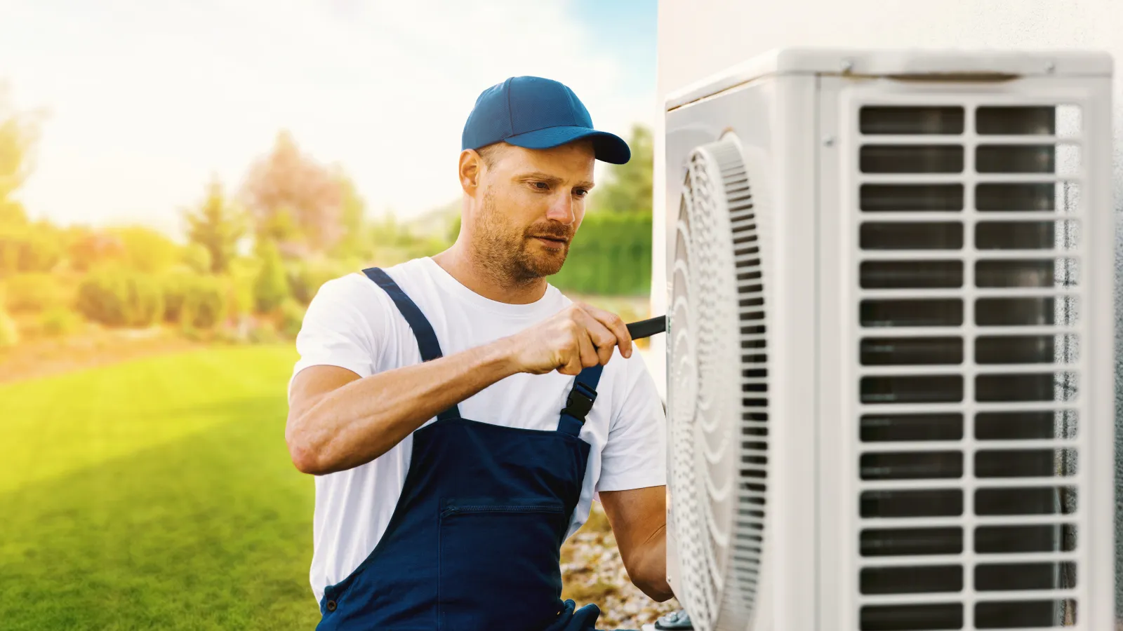 Technician in blue uniform and cap repairing an outdoor air conditioning unit on a sunny day.