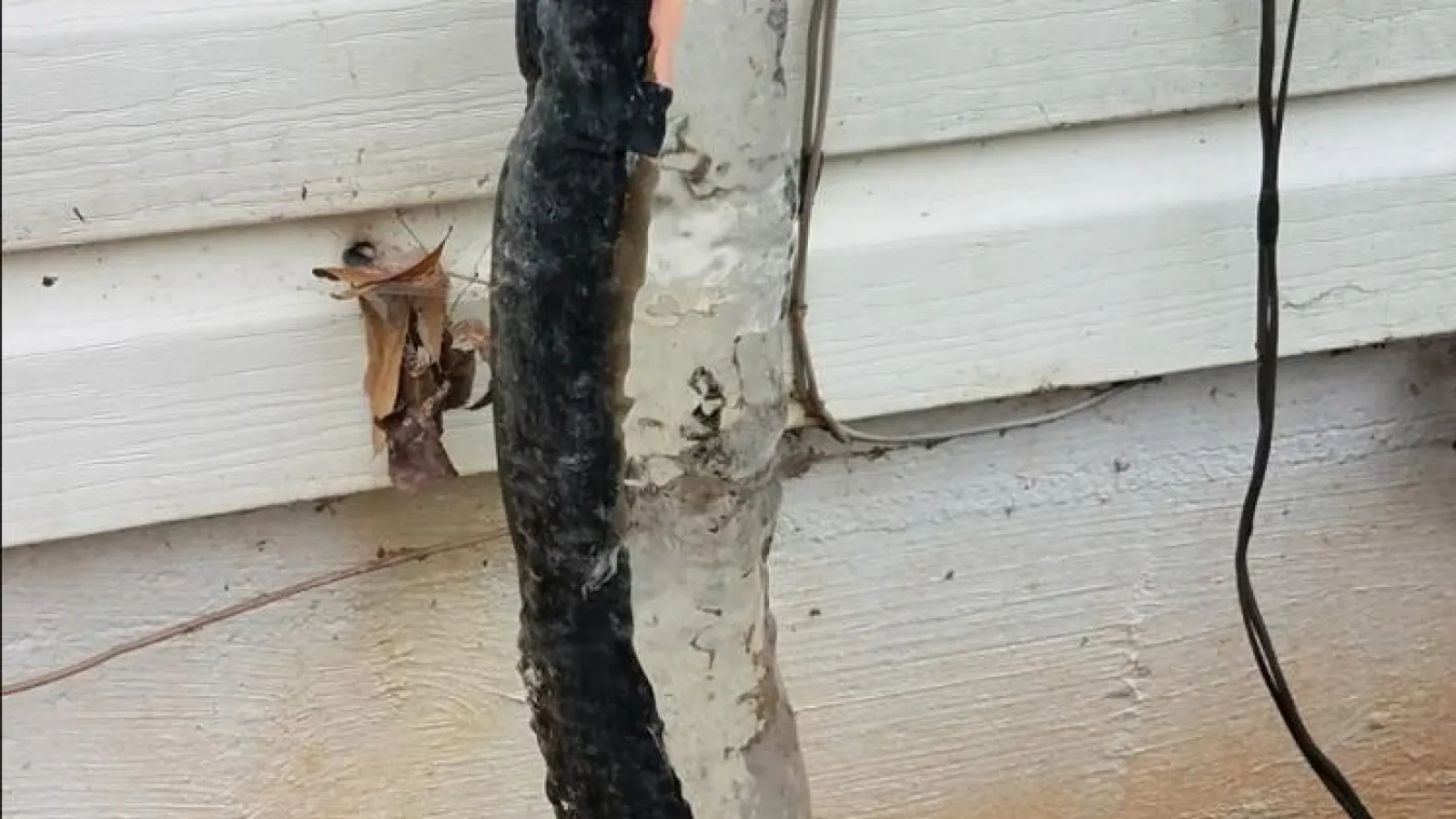 Frozen black hose and pipes covered in thick ice against a house exterior with fallen leaves nearby