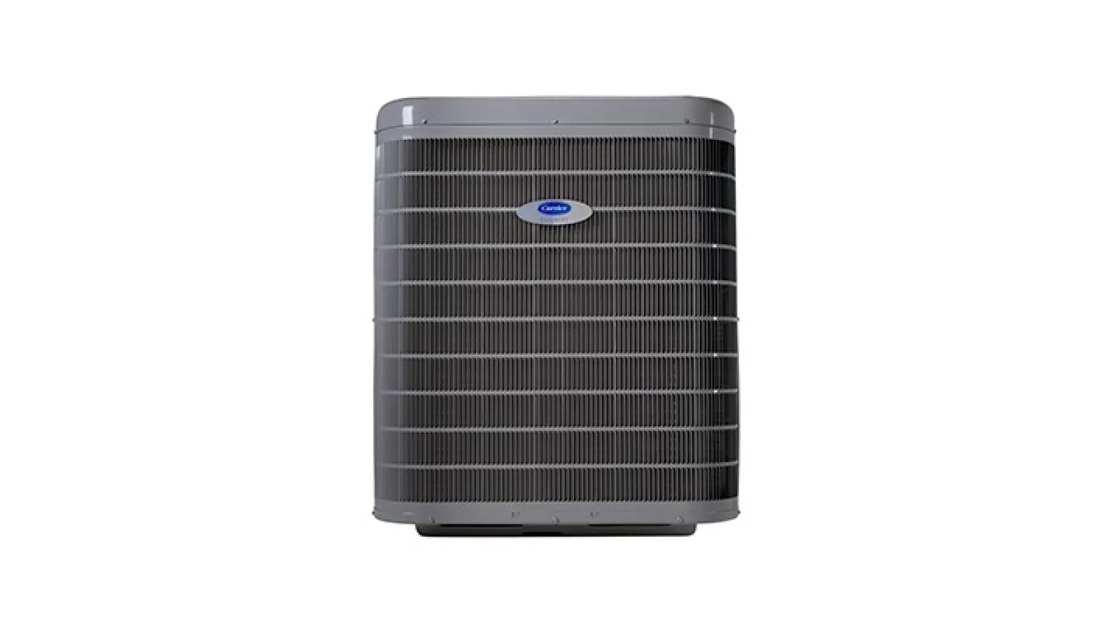 Front view of a gray Carrier brand air conditioning unit with horizontal vents.