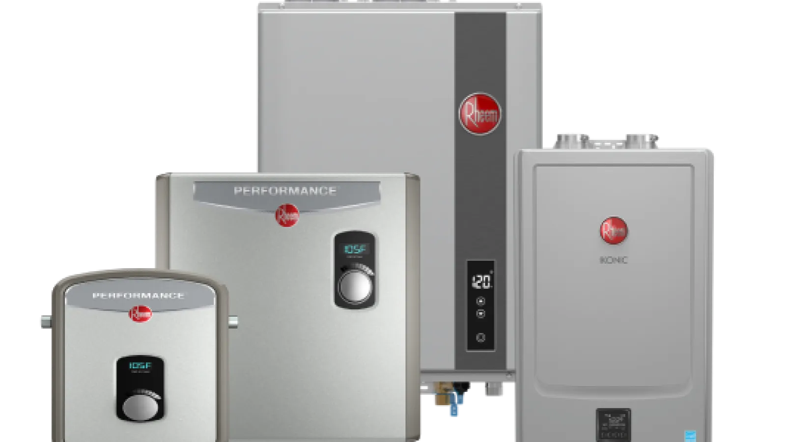 Four Rheem water heaters  in sleek silver and gray with digital displays and performance branding