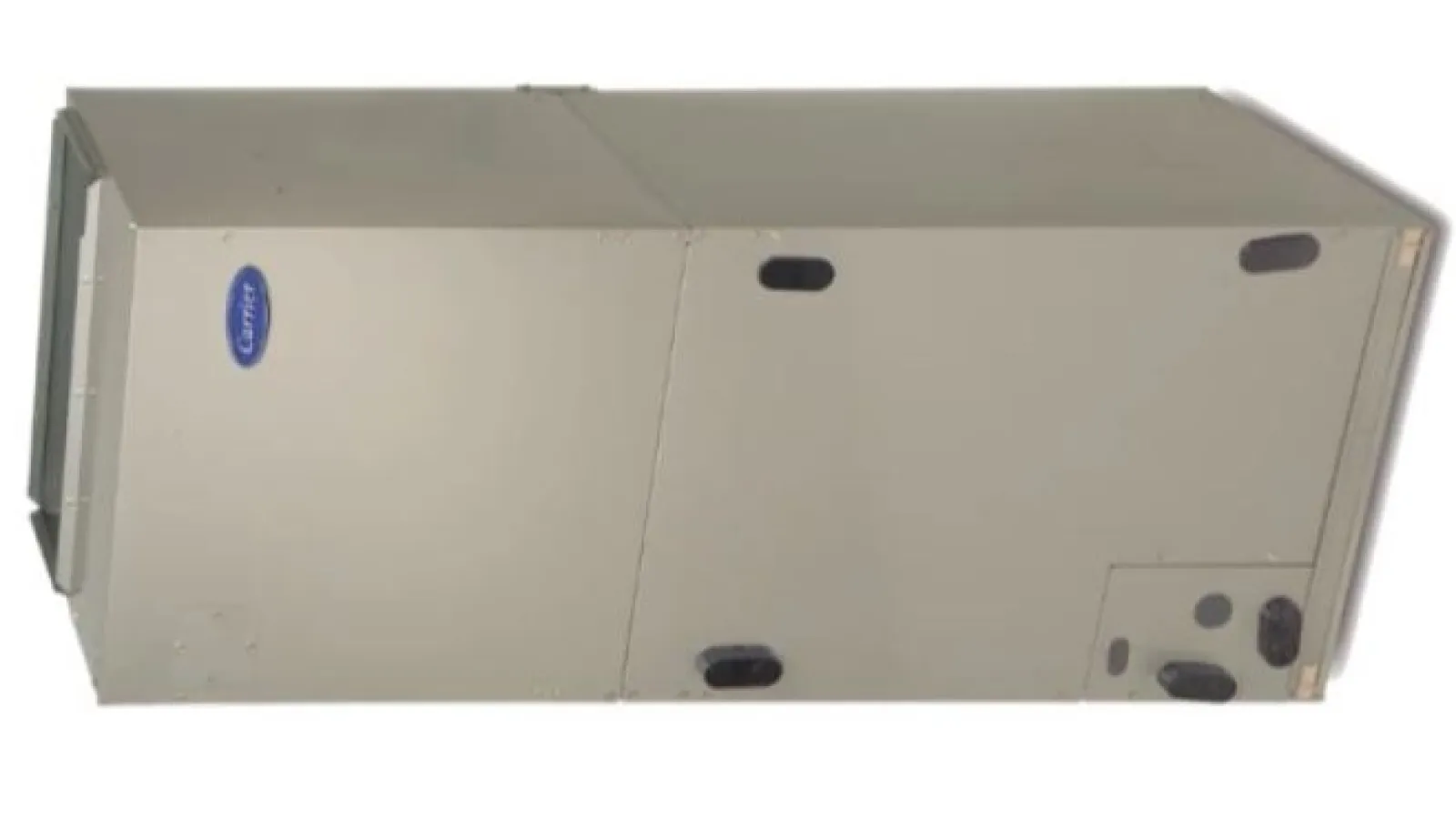 Carrier beige HVAC air handler unit with vents and control panel against white background