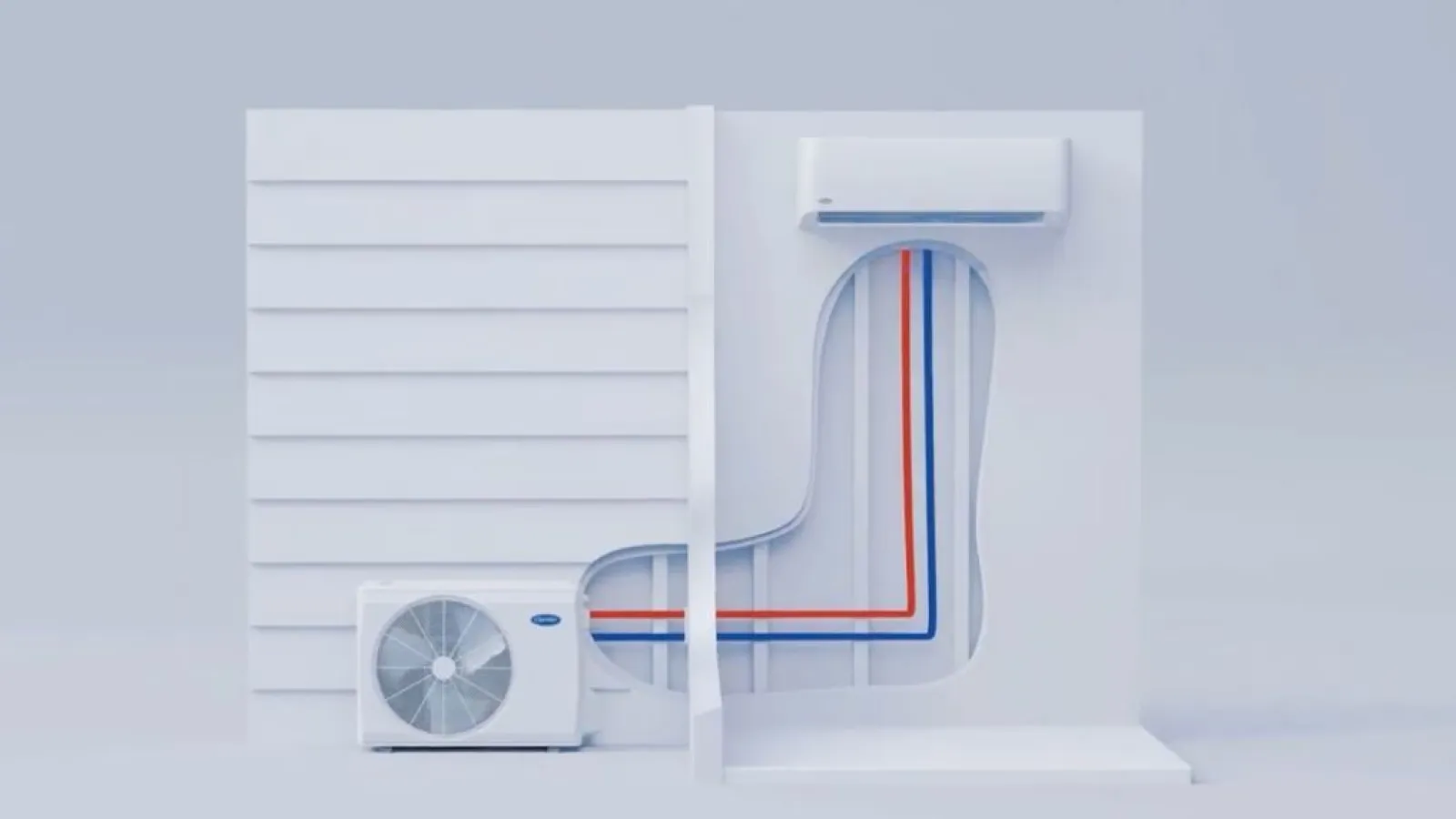 split air conditioning unit showing indoor and outdoor components with coolant lines.
