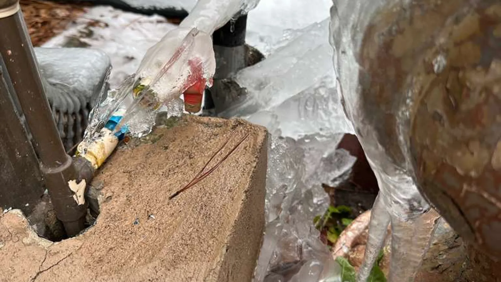 Frozen water leaking from an outdoor pipe forming icicles on a concrete block and surrounding plants.