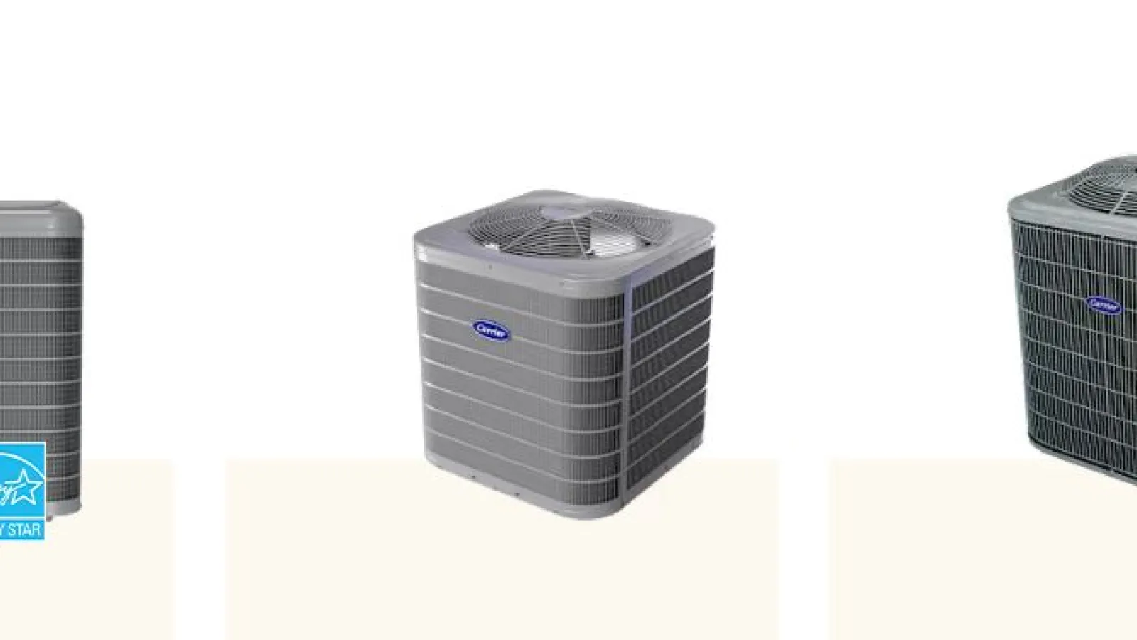 Three different Heat Pumps Carrier displayed side by side on a white background.