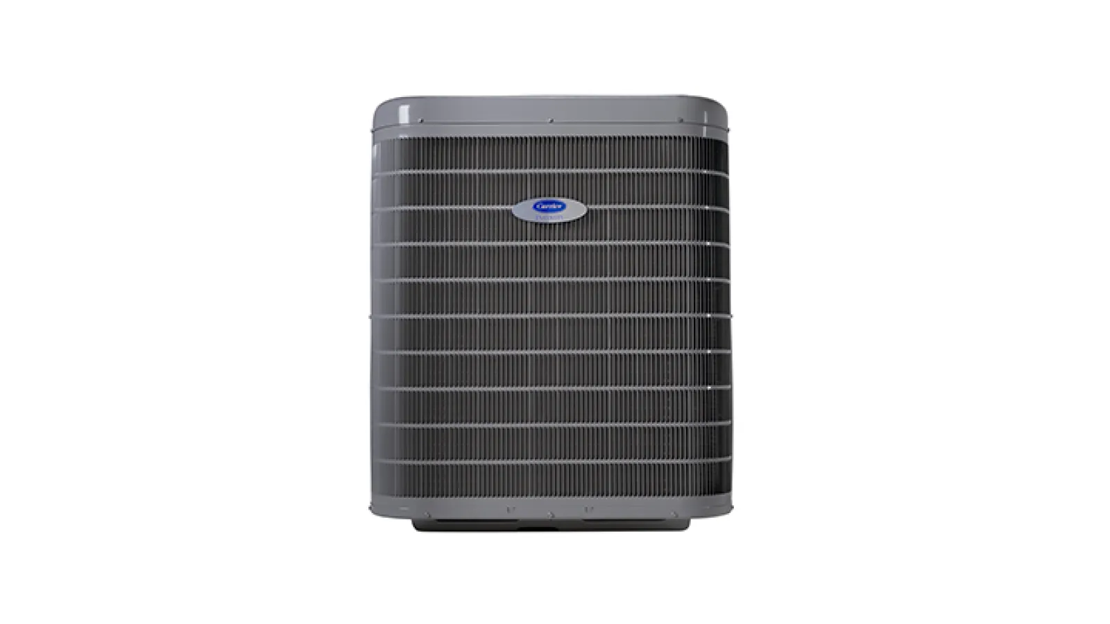 Carrier outdoor air conditioning unit with protective grille and company logo on white background.