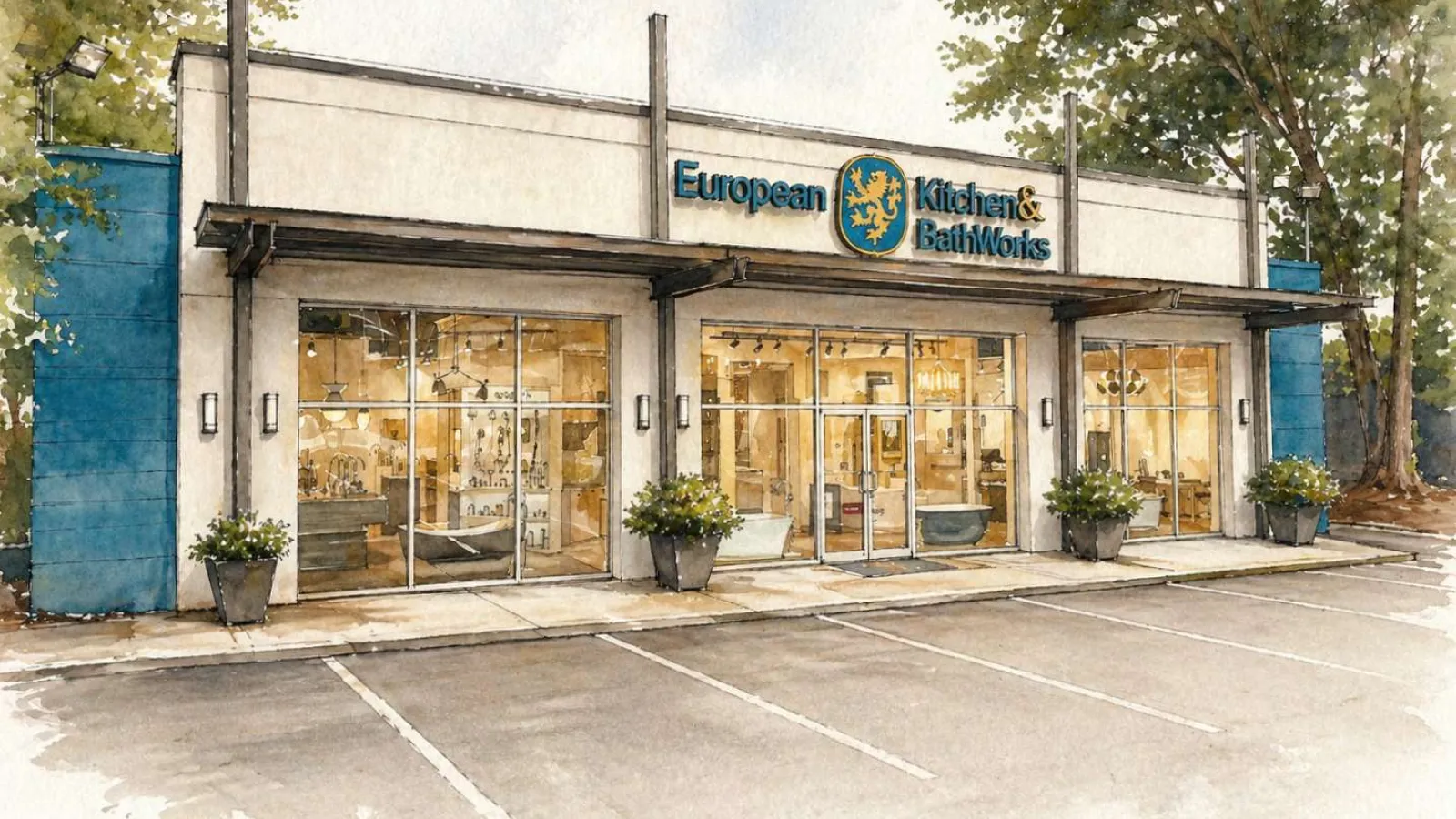 Storefront of European Kitchen & BathWorks with large windows and outdoor plants in a serene setting.