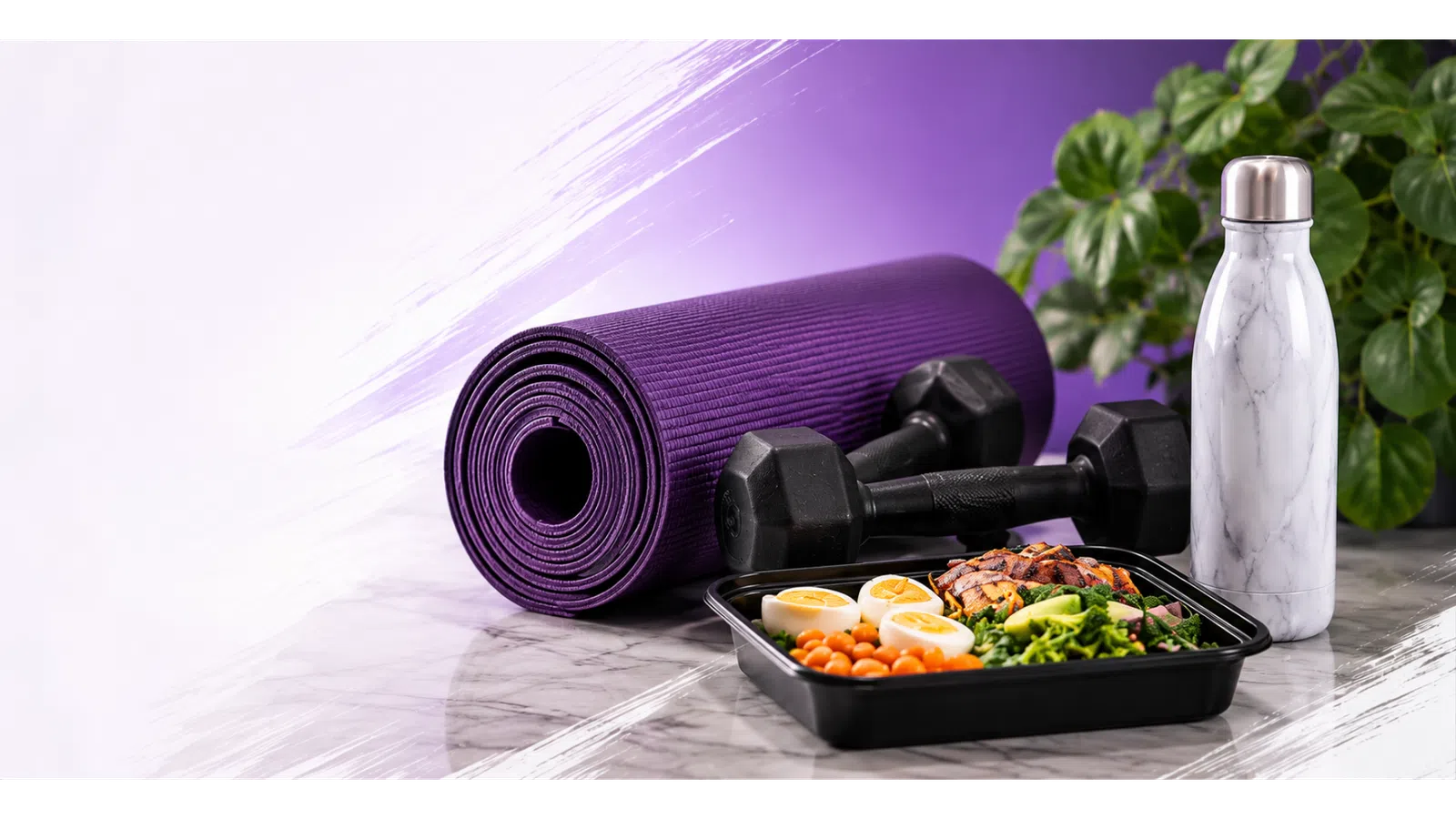 Purple yoga mat, black dumbbells, healthy meal container, and stainless steel water bottle on marble surface.
