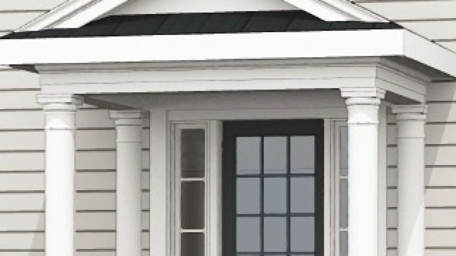 Elegant front door with classic columns and a gabled roof on a light grey house exterior.
