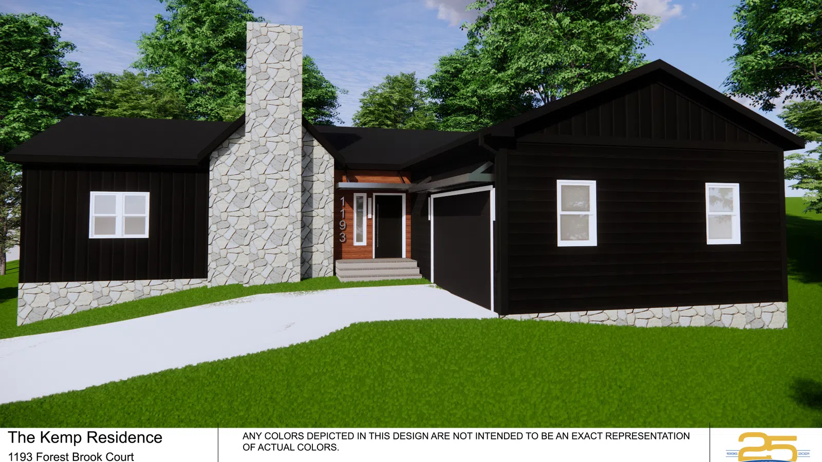 Modern home exterior design featuring a sleek black facade and stone steps.