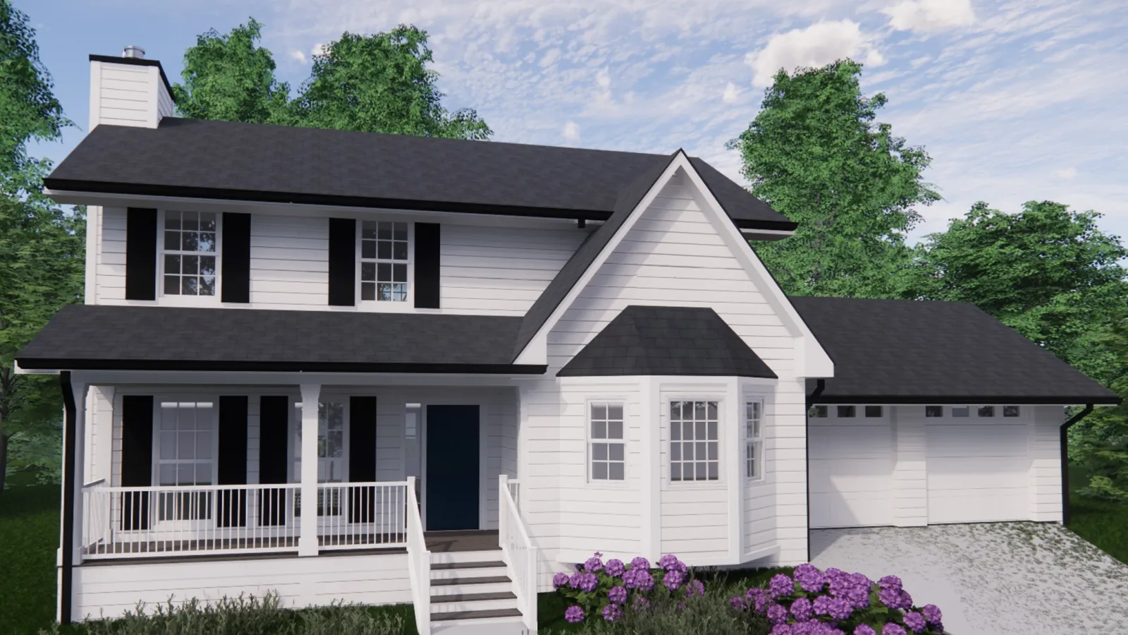 Modern two-story white house with black shutters and lush landscaping in a serene setting.