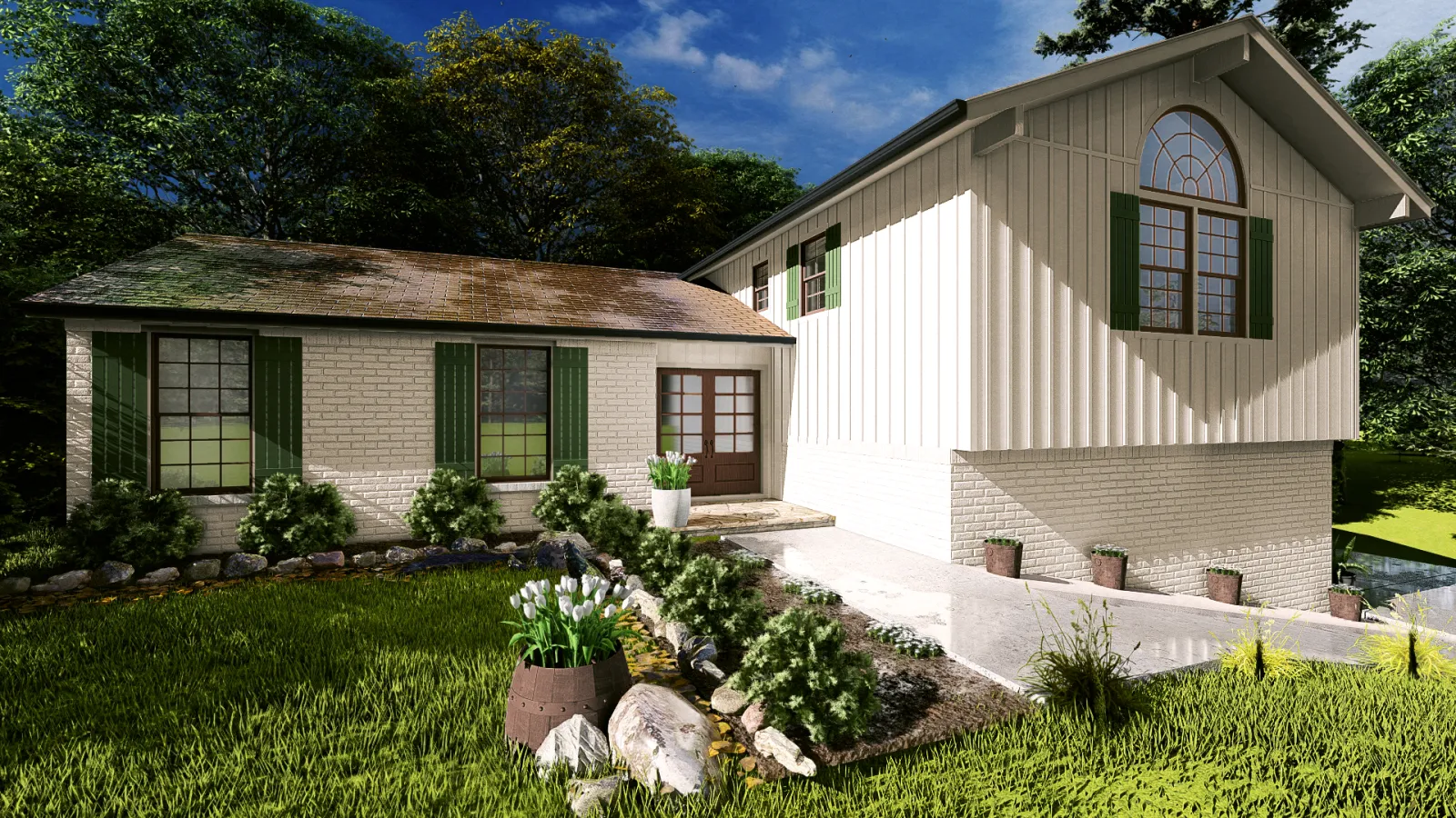 Modern split-level house with green shutters and landscaped garden under a clear blue sky.
