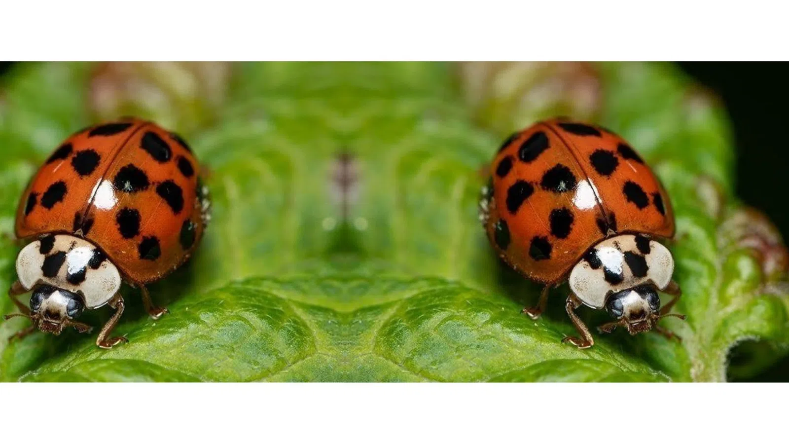 Close-up of two orange ladybugs with black spots on a textured green leaf in natural light.