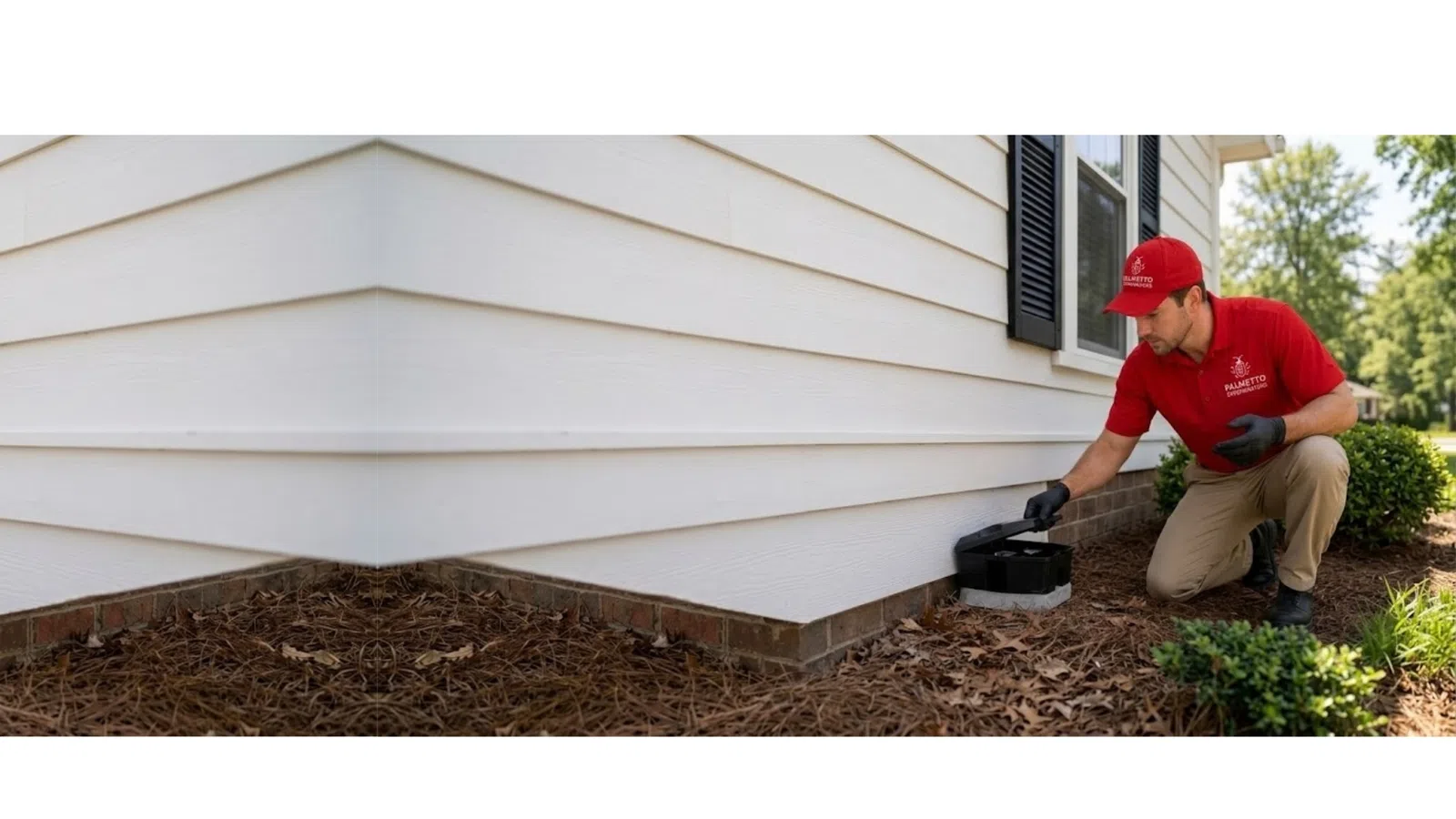 Technician in red shirt inspecting a pest control device outside a white house corner with mulch and bushes.