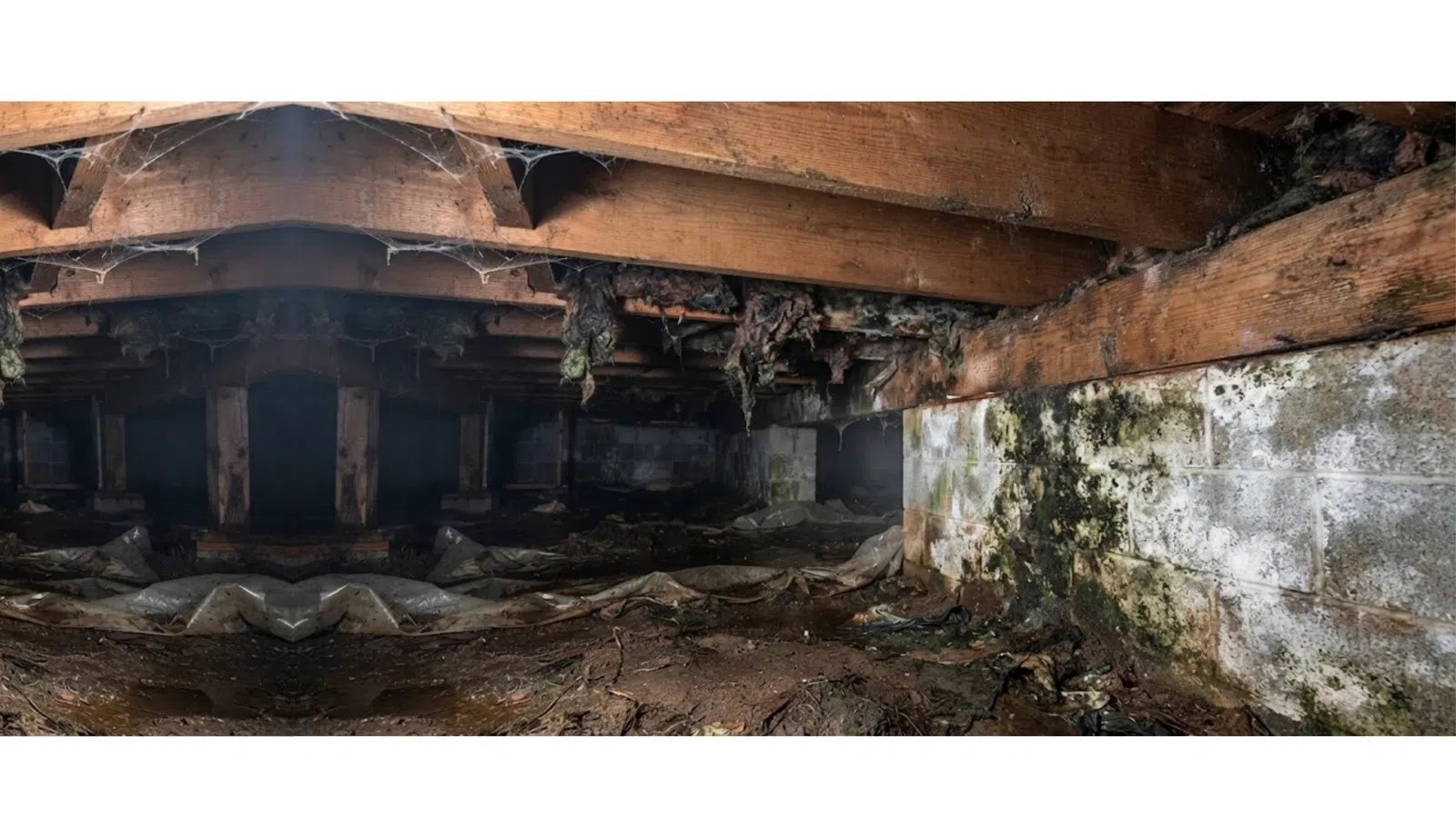 Damp, dark crawl space with wooden beams, moisture-damaged concrete walls, and mold growth on surfaces.