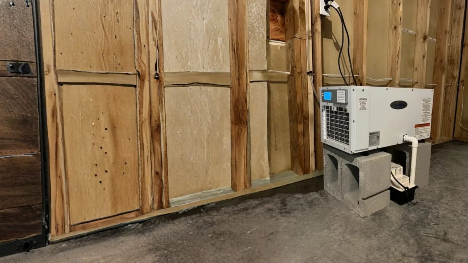 Basement wall insulation and a dehumidifier on cinder blocks in a concrete floor room with exposed studs.