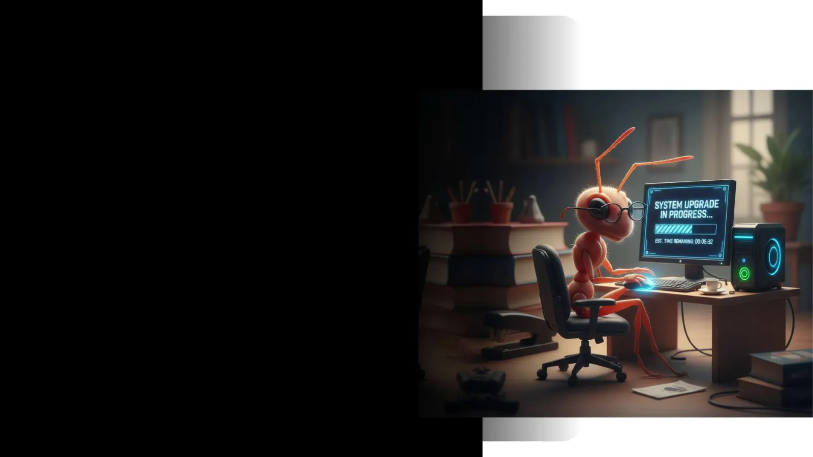Ant cartoon ant wearing glasses sitting at desk using computer showing system upgrade in progress.
