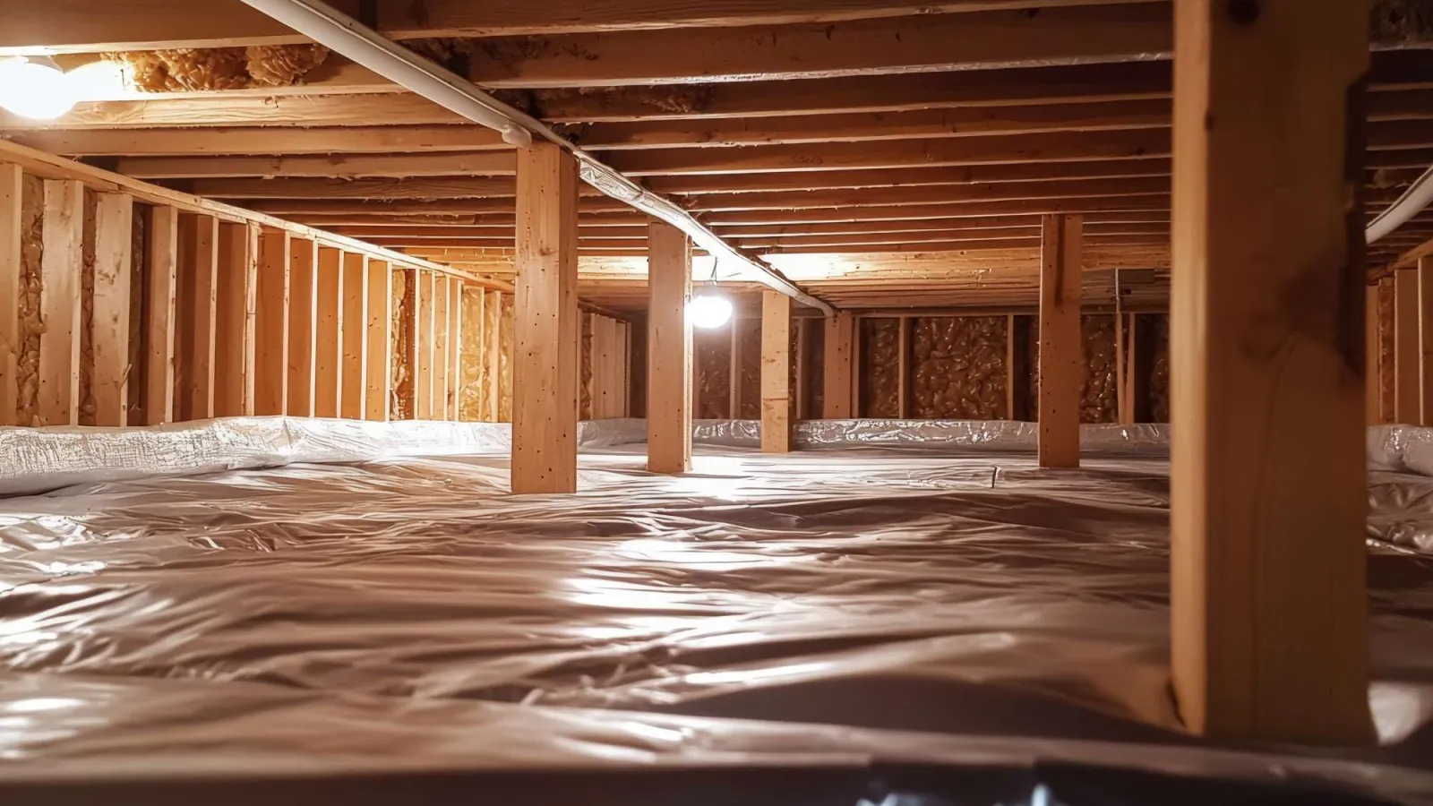 Clean crawl space with plastic moisture barrier and wooden support beams under a house foundation.