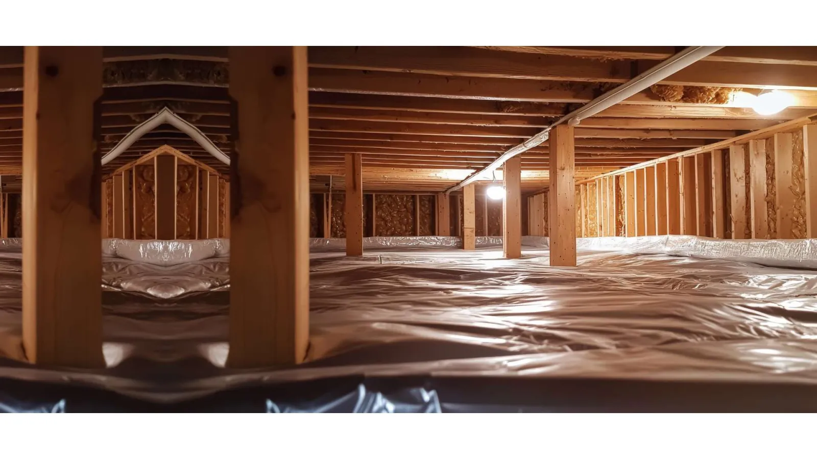 Spacious crawl space with wooden beams and plastic vapor barrier insulation under a house foundation.