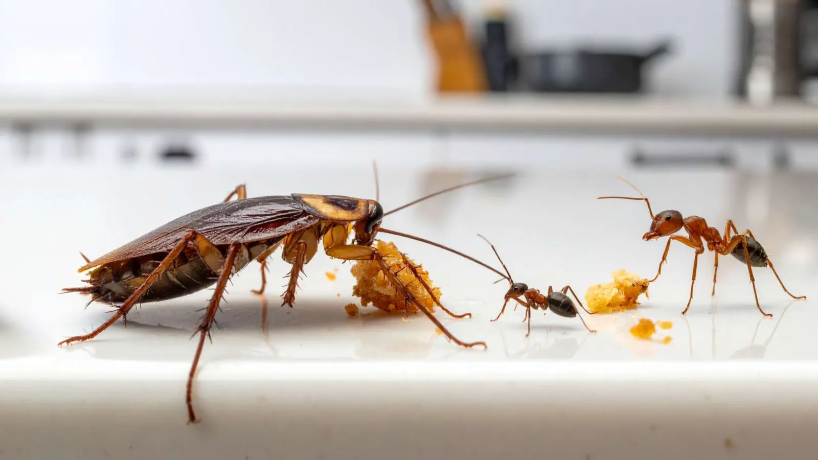 Cockroach and two ants sharing food crumbs on a white kitchen surface with blurred background