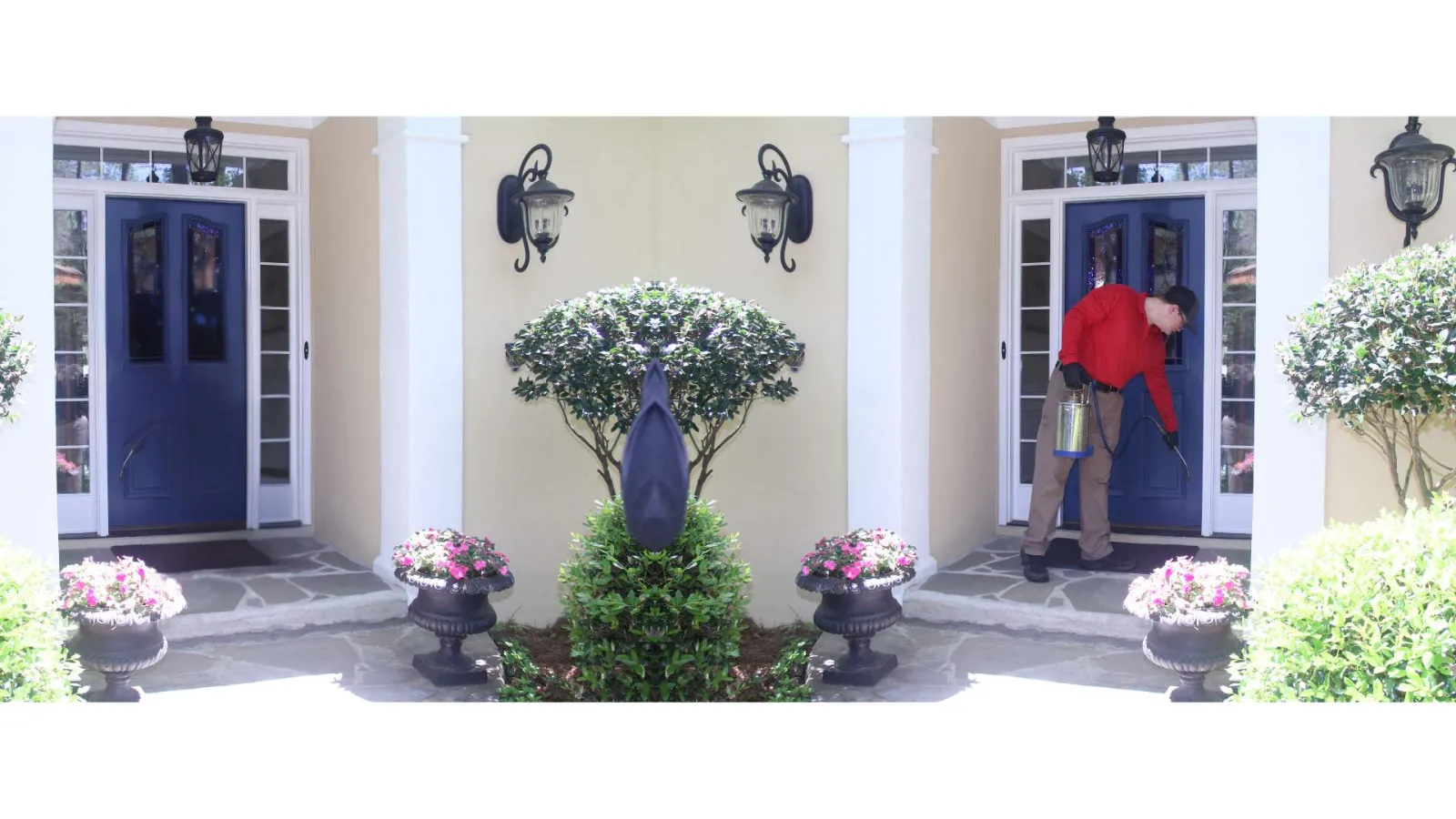 Pest control worker in red shirt applying treatment at the entrance of a house with blue door and flower pots.