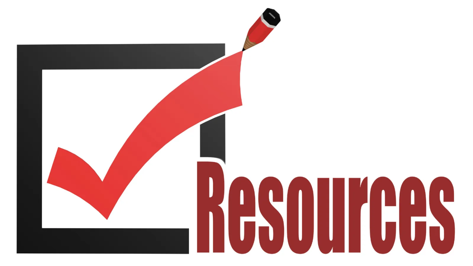 Red pencil checkmark inside black box next to bold word Resources on white background