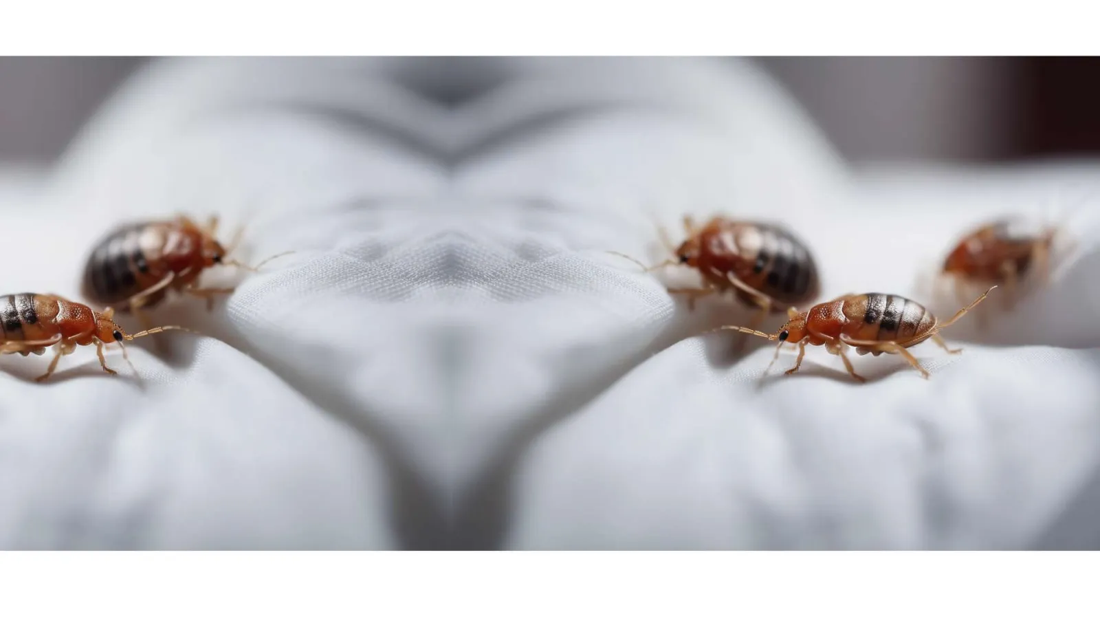 Close-up of bed bugs crawling on white fabric showing detailed insect features and textile texture