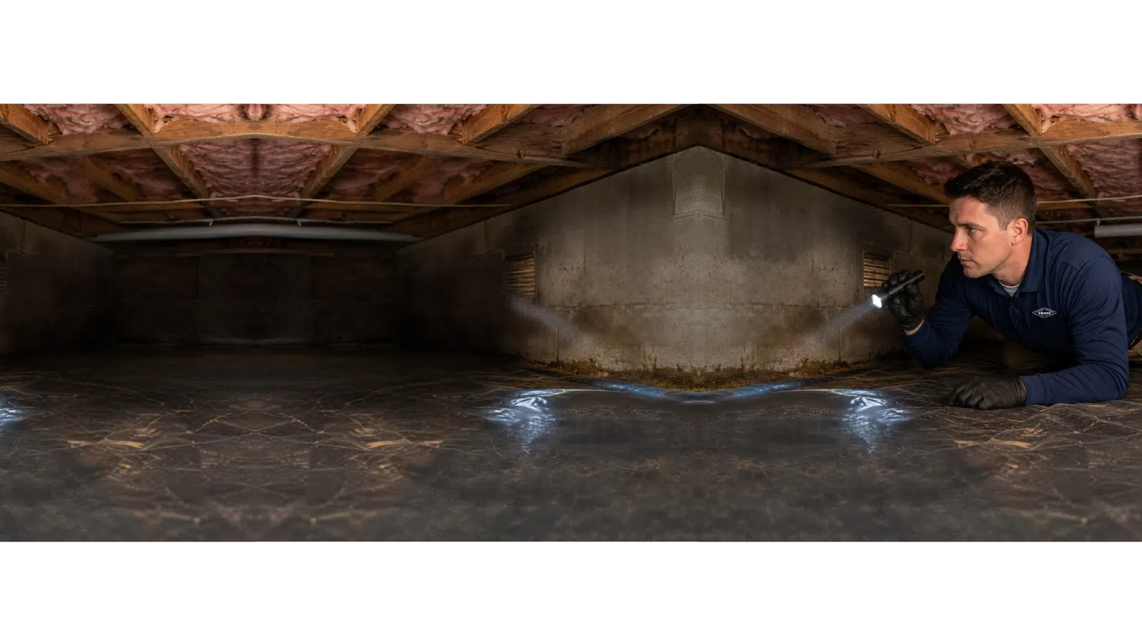 Man inspecting dark crawl space with flashlight, wooden ceiling beams, and concrete walls and floor.