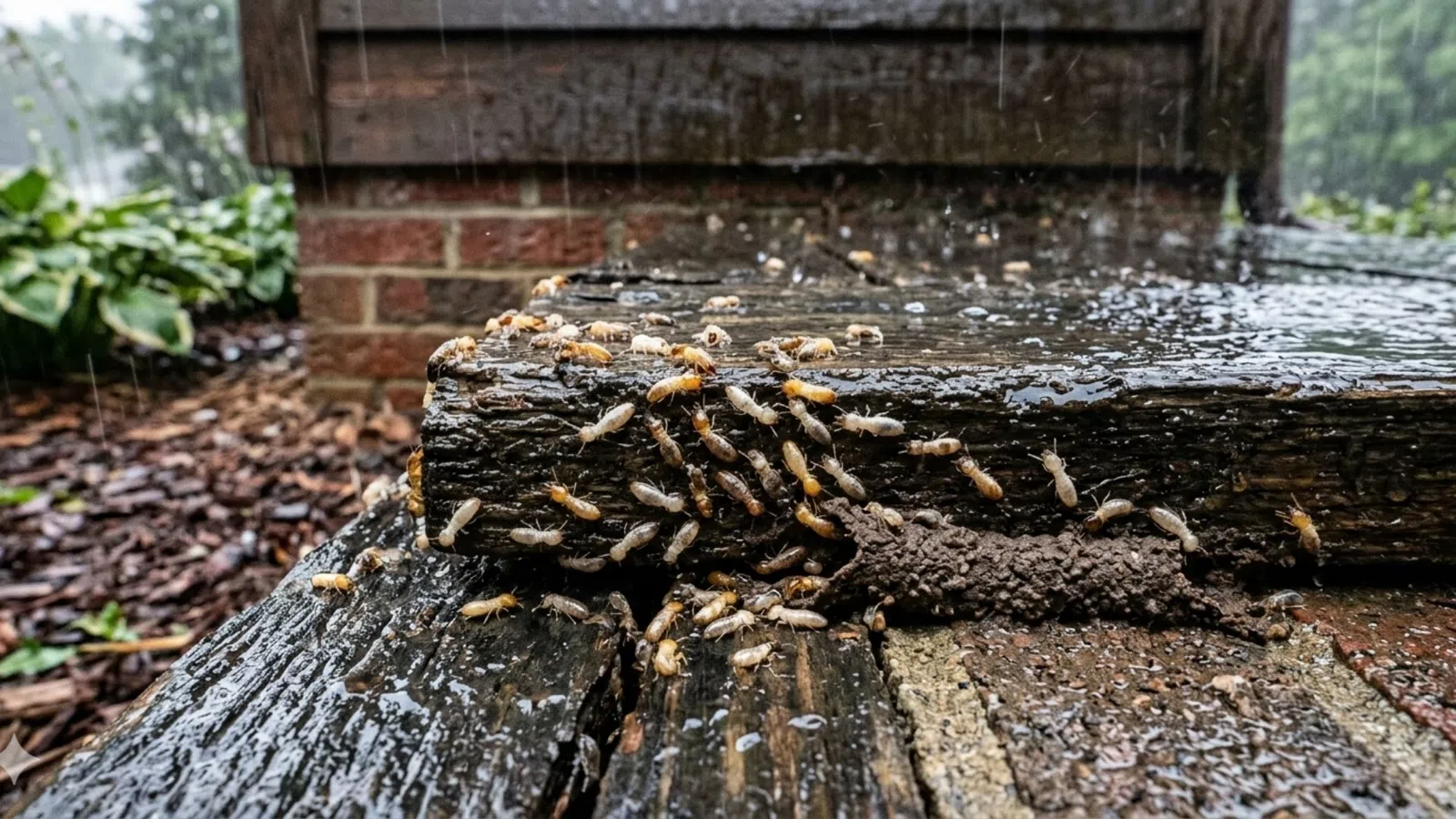 Close-up of termites swarming on wet wooden planks and bricks during rainfall outdoors.