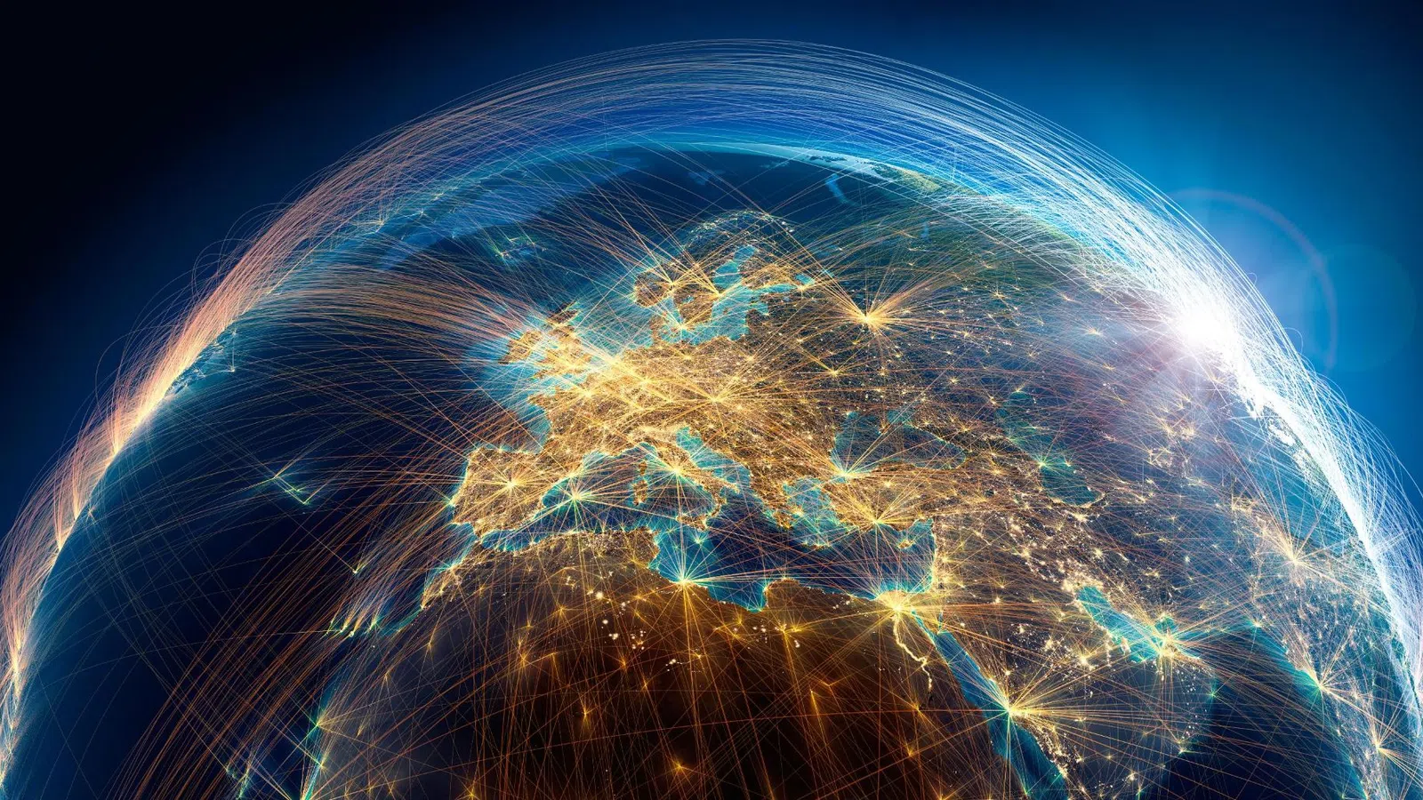 Glowing network connections across Europe, Africa, and Asia on Earth at night with bright light trails and city lights.