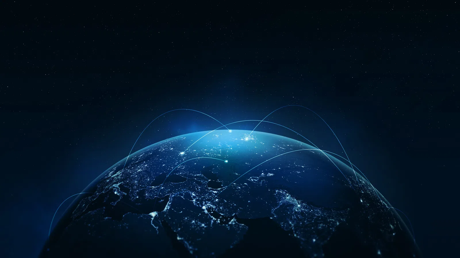 A glowing Earth with network lines, symbolizing global connectivity and technology advancement.