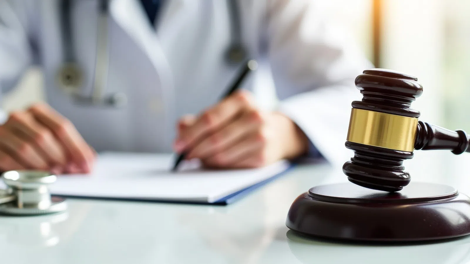 Judge's gavel in focus with a doctor writing on a clipboard and a stethoscope on the table