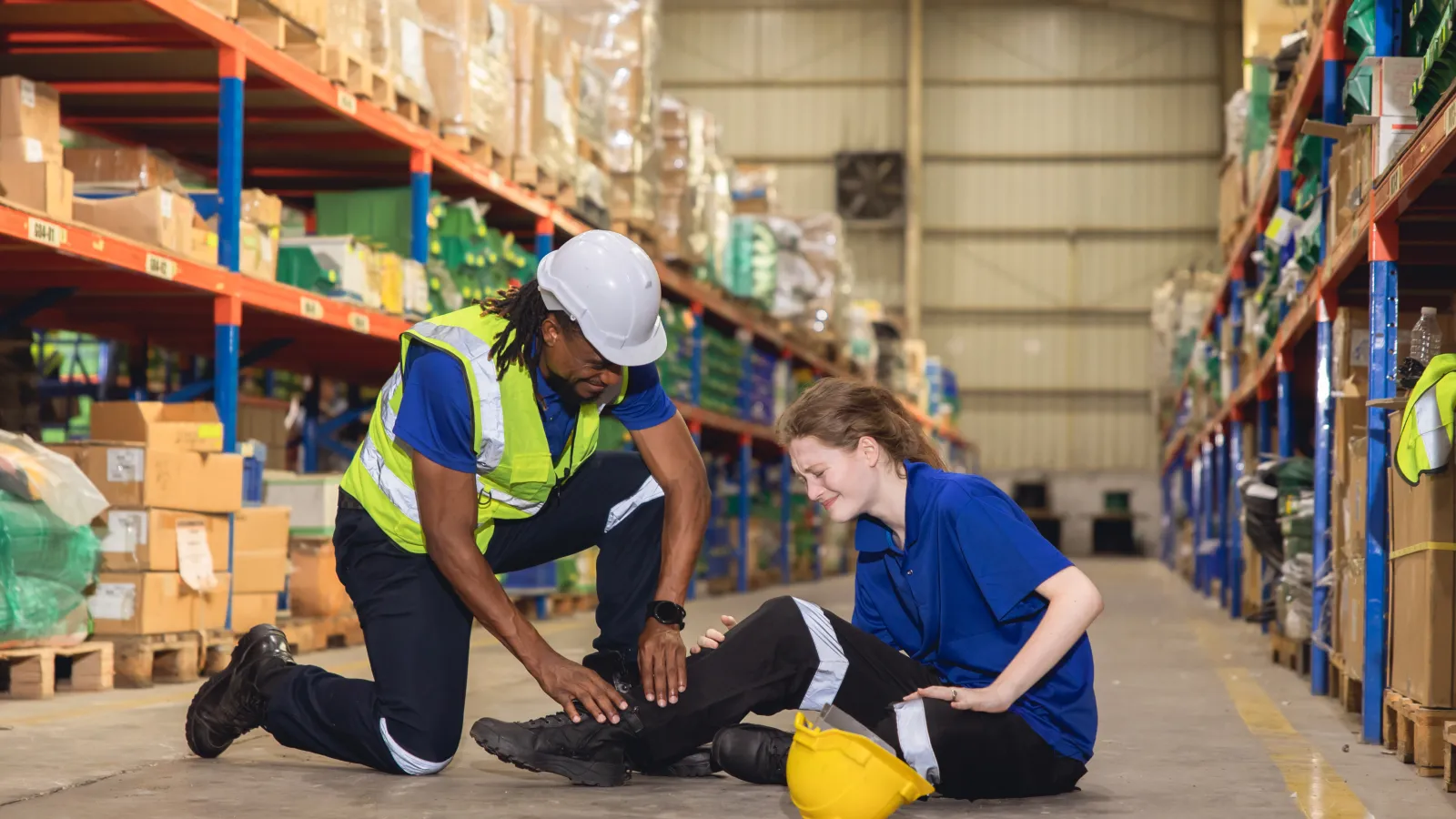 Warehouse worker assisting a colleague who fell and injured her leg in a storage aisle filled with boxes.