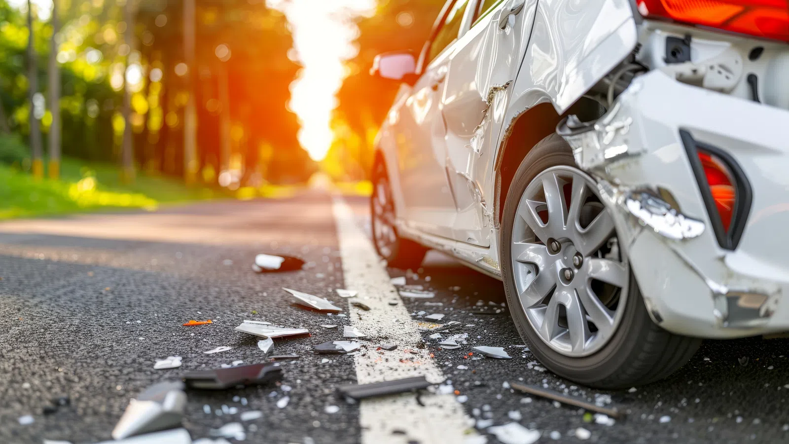 White car with severe rear damage and shattered glass debris on the road at sunset.