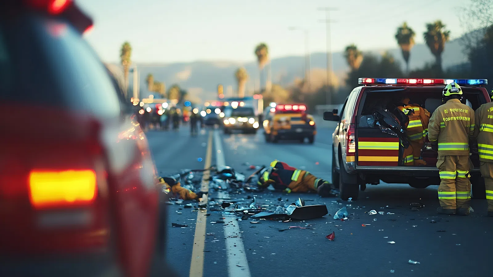 Emergency responders at a highway accident scene with debris and vehicles with flashing lights during daylight.
