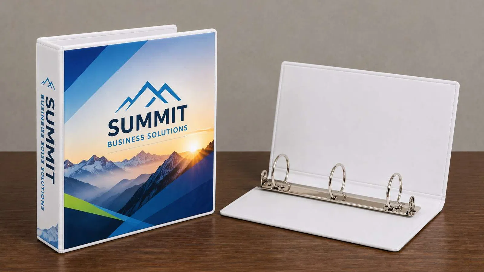 White three-ring binder with Summit Business Solutions logo featuring mountain peaks and sunset landscape.