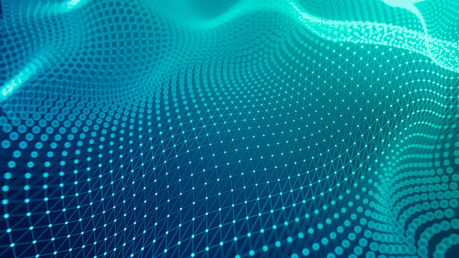 Abstract blue digital wave grid with glowing dots and lines creating a 3D mesh network pattern.