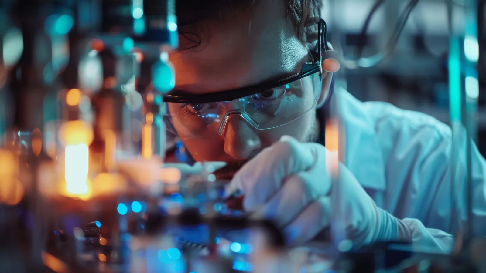 Scientist wearing safety glasses and gloves working closely on a complex scientific experiment in a lab.